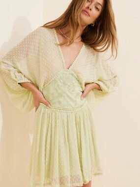 Free People Light Green Lace & Dot Long Sleeve Mini Dress